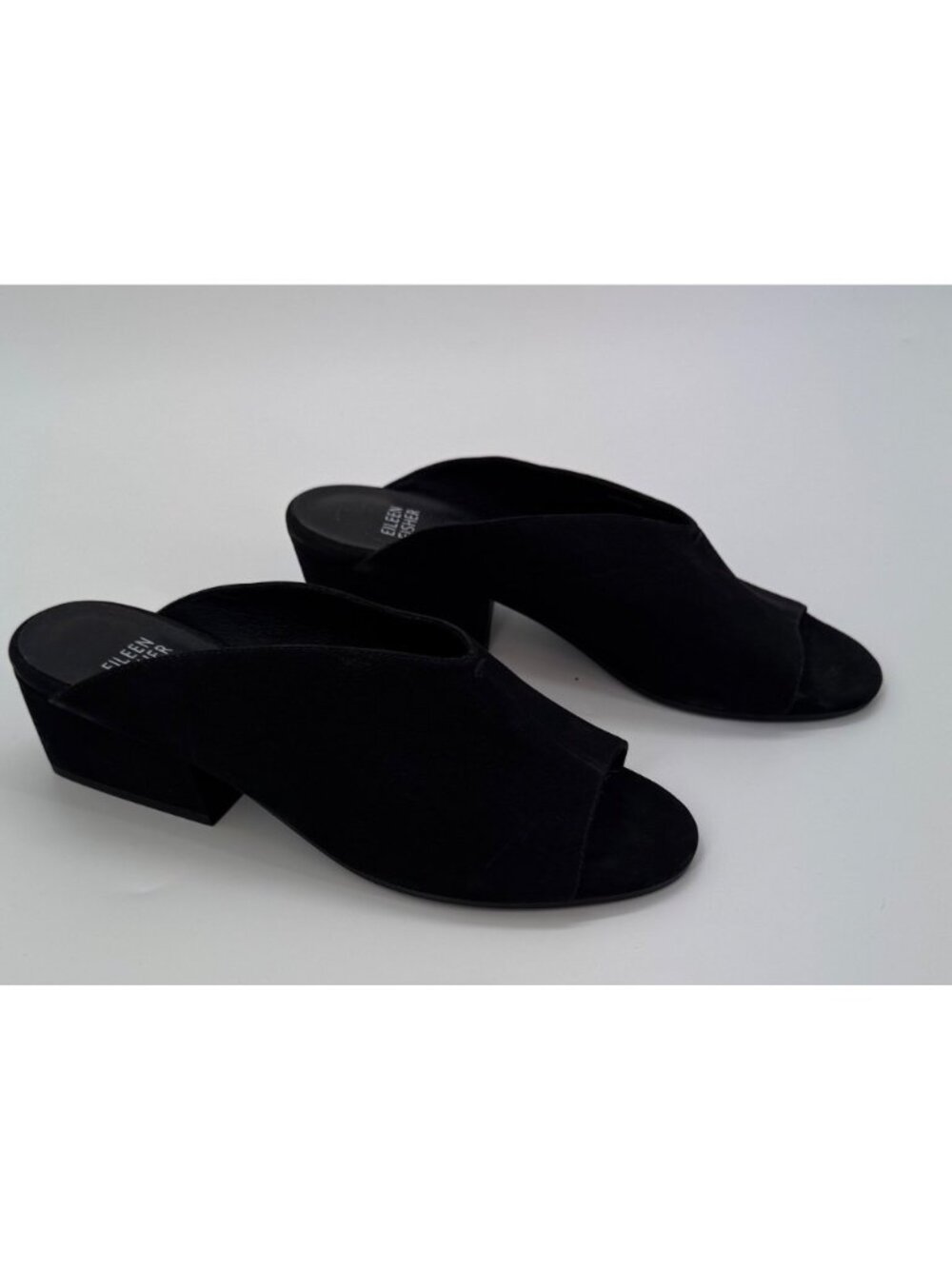 Eileen Fisher Katness Black Suede Open-Toe Block Heel Mules Size 7 Womens Shoes